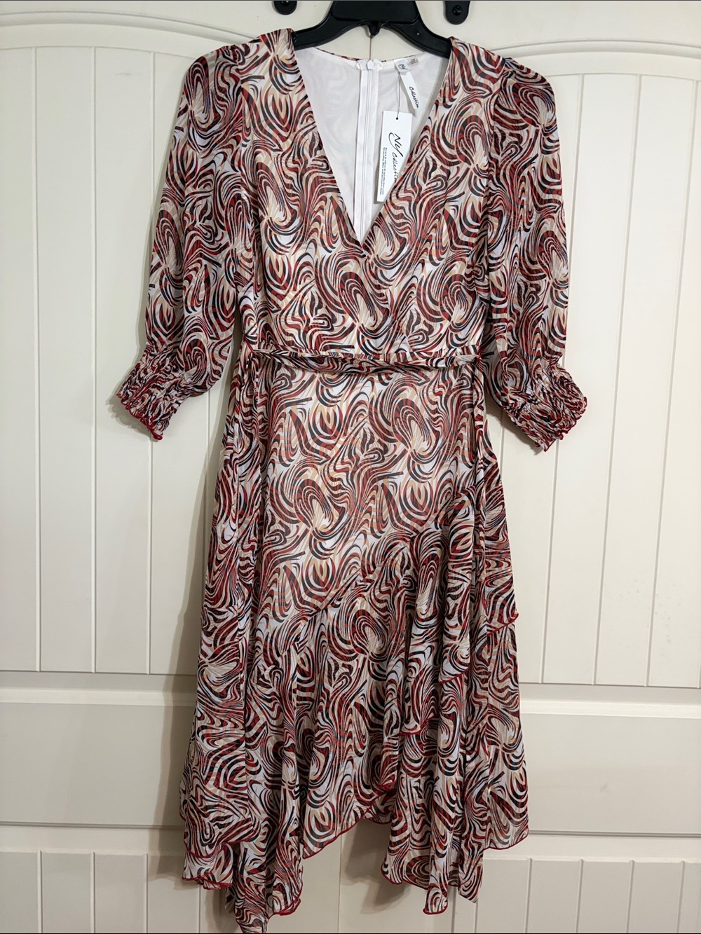 NY Collection Red and Cream Swirl V-Neck tiered skirt sheer overlay Dress M